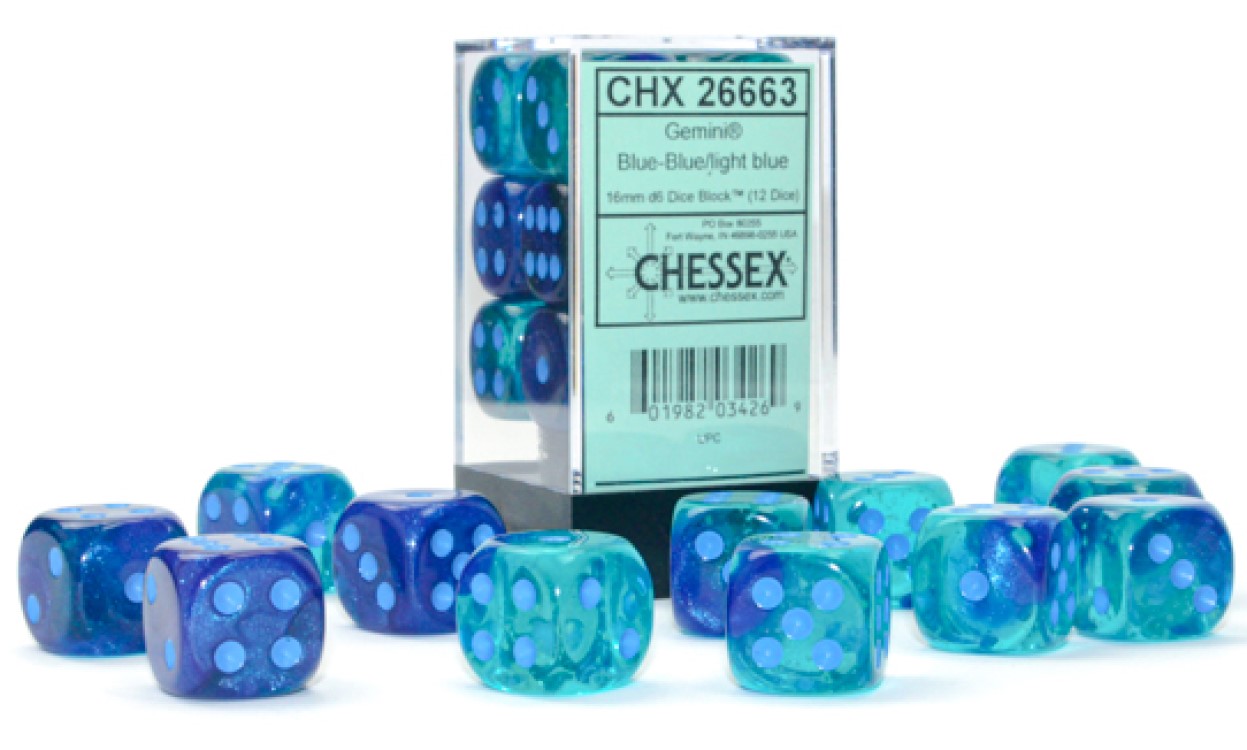 Block of 12 6-Sided 16mm Dice - Chessex Gemini Blue with Light Blue Numerals Luminary - Glows!