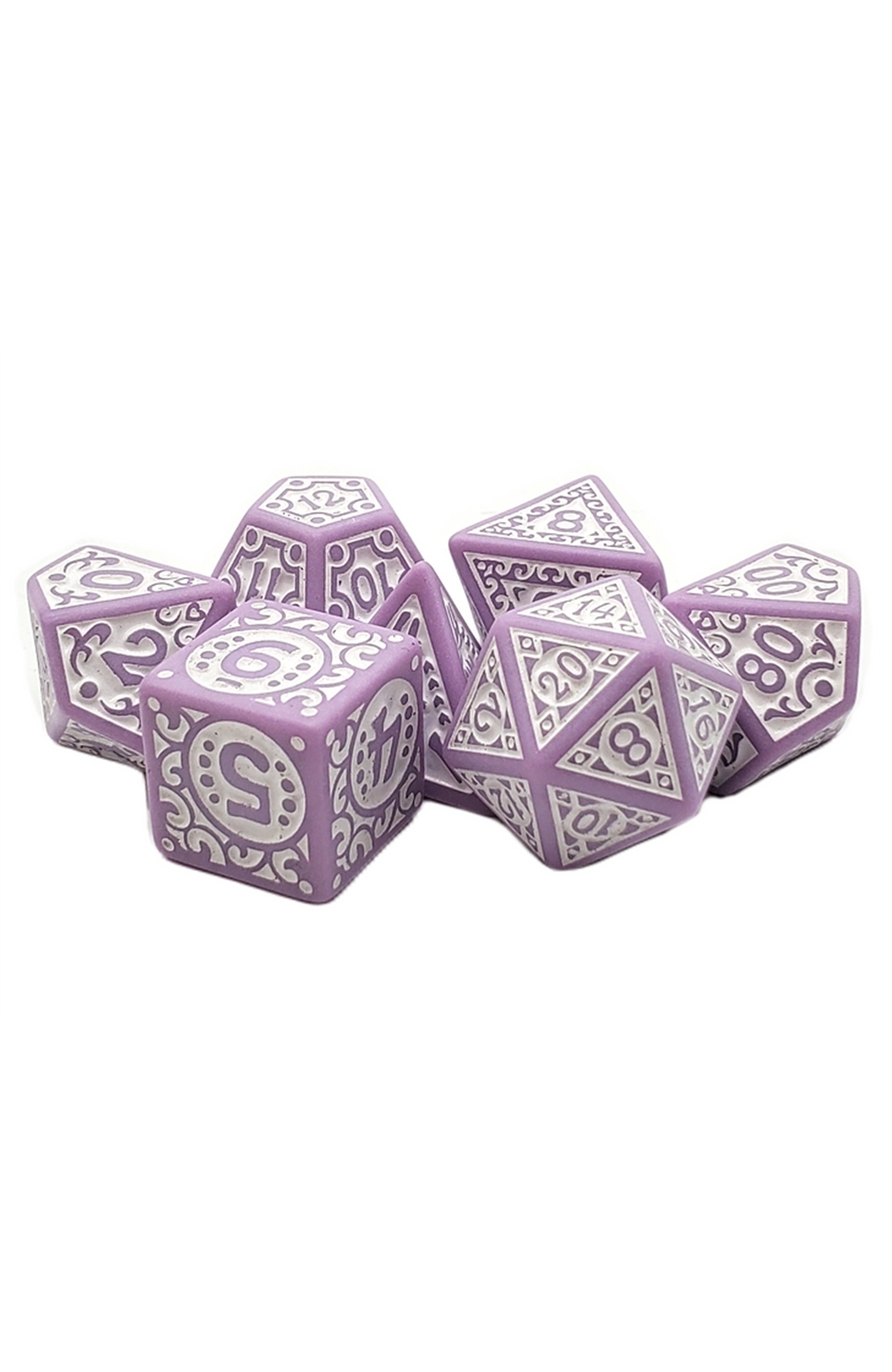 Old School 7 Piece Dnd Rpg Dice Set: Rune Dice - Magical Runes White W/ Lavender