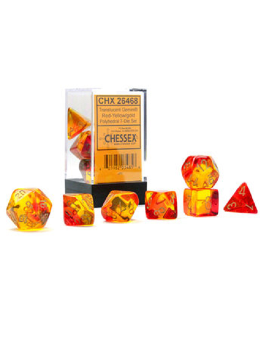 Chessex Gemini Translucent Red/Yellow with Gold Numerals Dice Set of 7
