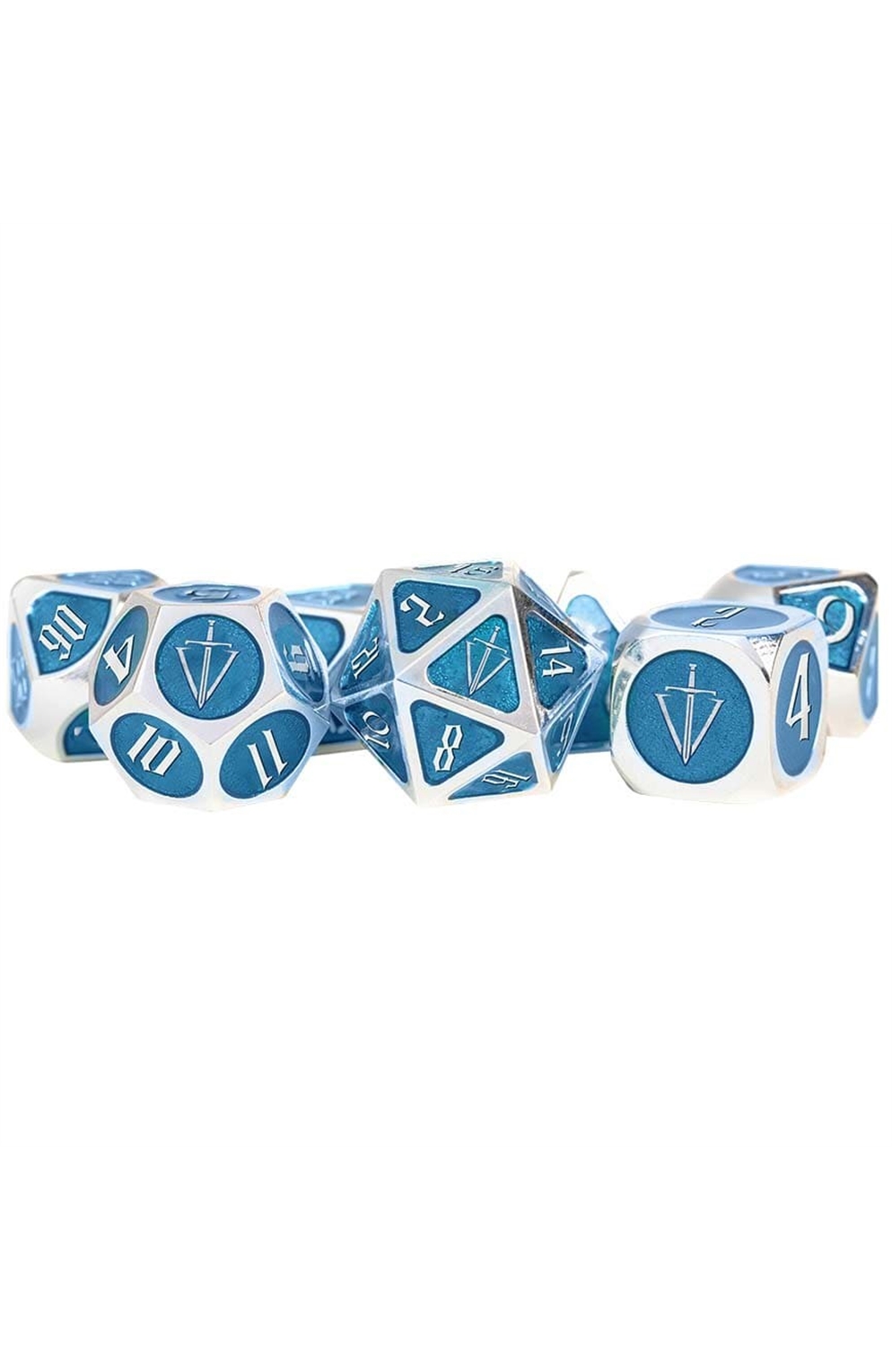 Fanroll Dice: Tales of The Valiant Metal Dice - Silver With Light Blue Enamel (7)