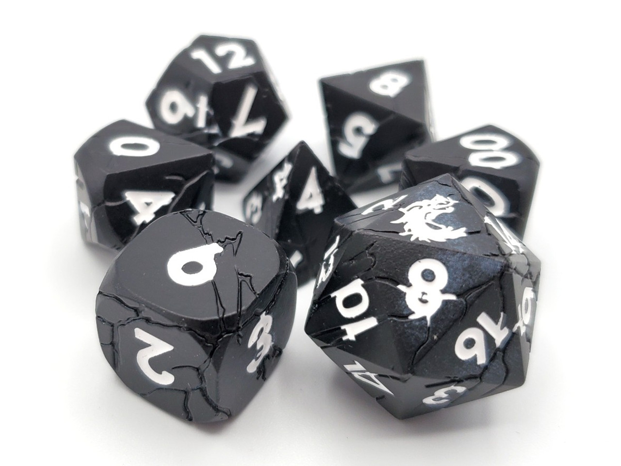 Old School 7 Piece Dnd RPG Metal Dice Set Orc Forged - Matte Black W/ White