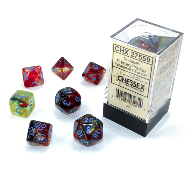 Dice Set of 7 - Chessex Nebula Primary With Blue Numerals Luminary - Glows In The Dark! CHX 27559
