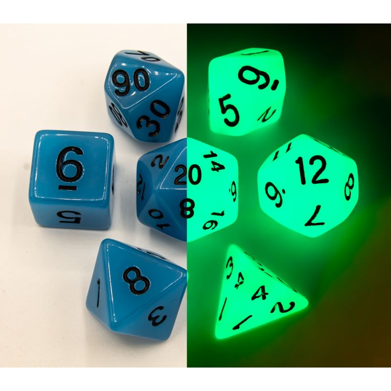 Dice Set of 7 - Soft Blue With Black Numerals - Glows in the Dark!