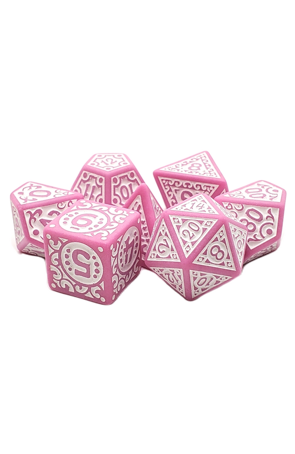 Old School 7 Piece Dnd Rpg Dice Set: Rune Dice - Magical Runes White W/ Pink