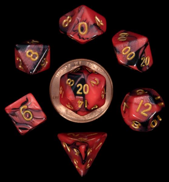 Mini Polyhedral 7 Dice Set: Red/Black with Gold Numbers