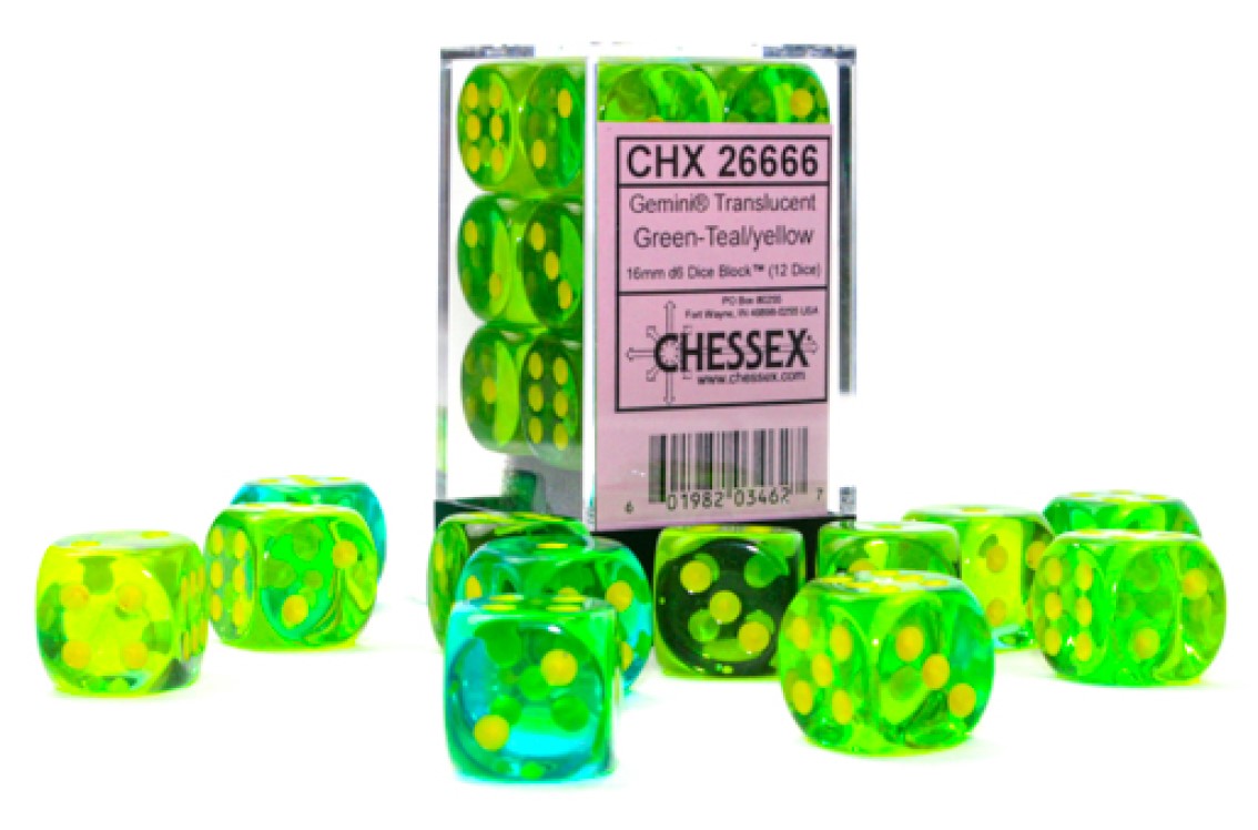 Gemini: 16Mm D6 Translucent Green-Teal/Yellow Dice Block (12 Dice)