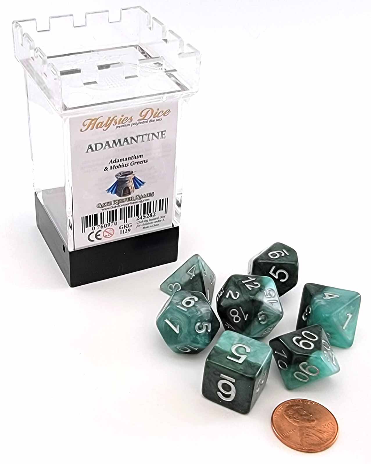 Gate Keeper Games Halfsies Dice: 7-Die Polyhedral Set “Adamantine 2E” (Adamantium & Mobius Greens)