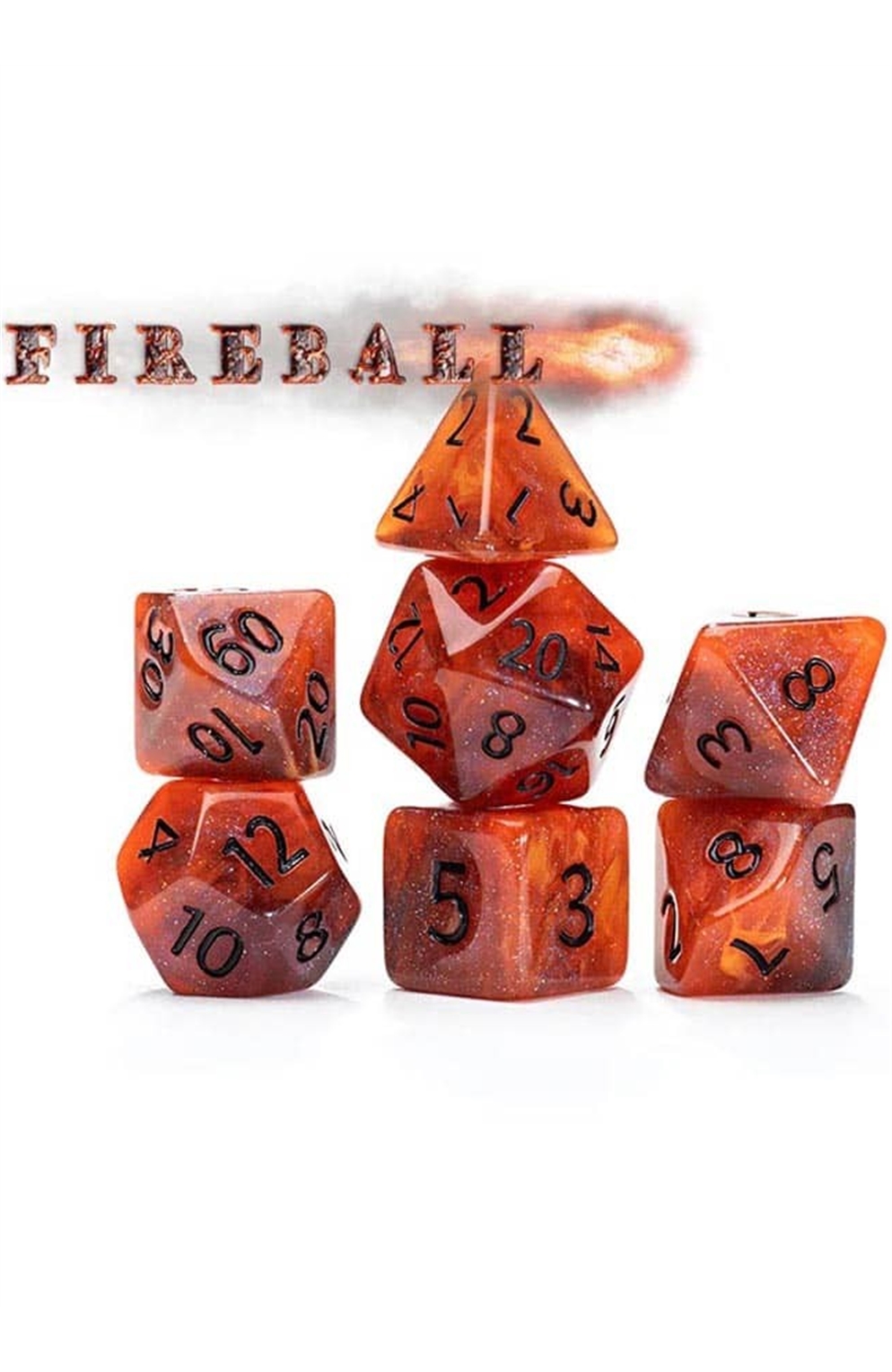 Gate Keeper Aether Dice: 7-Die Set "Fireball" (Orange, Red, & Smoke With Black Numbers)