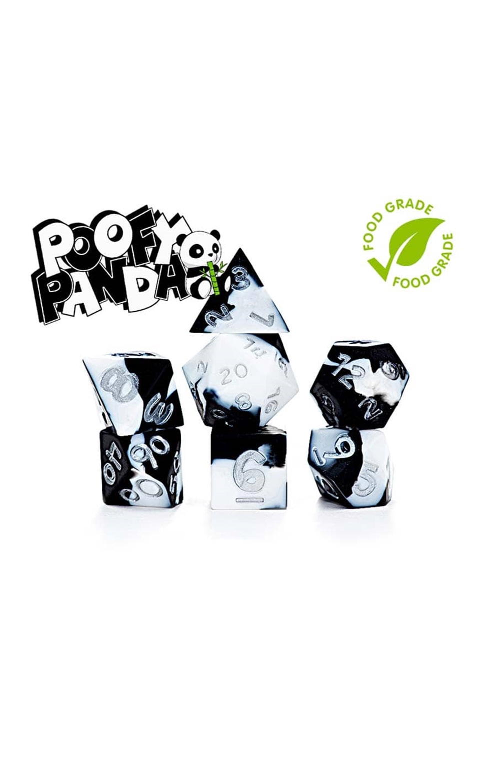 Anti-Stress Dice: Poofy Panda: Splotchy Black And Panda White Silicone Swirled: 7Ct Silicone Dice