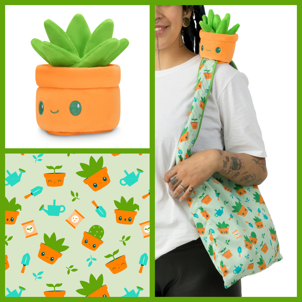 Plushie Tote Bag: Green Gardening Tote Bag + Green Succulent Plushie