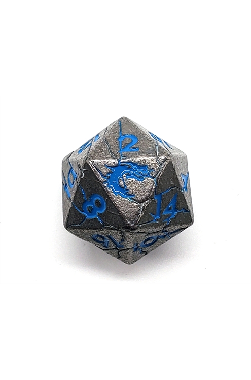 Old School Dnd Rpg Metal D20: Orc Forged - Ancient Silver W/ Blue Osdmtl-10120