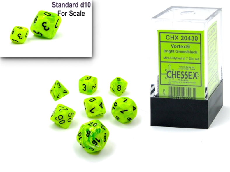 Chessex Vortex Mini Polyhedral 7 Die Set: Bright Green with Black Numerals