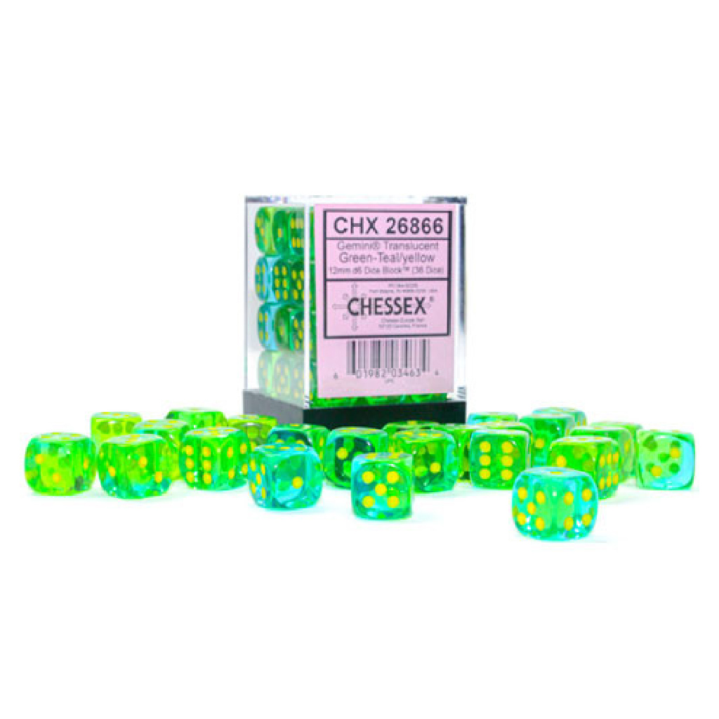 Chessex Gemini: 12 Millimeter 6 Sided Translucent Green-Teal with Yellow Dots Dice Block 36 Dice Set