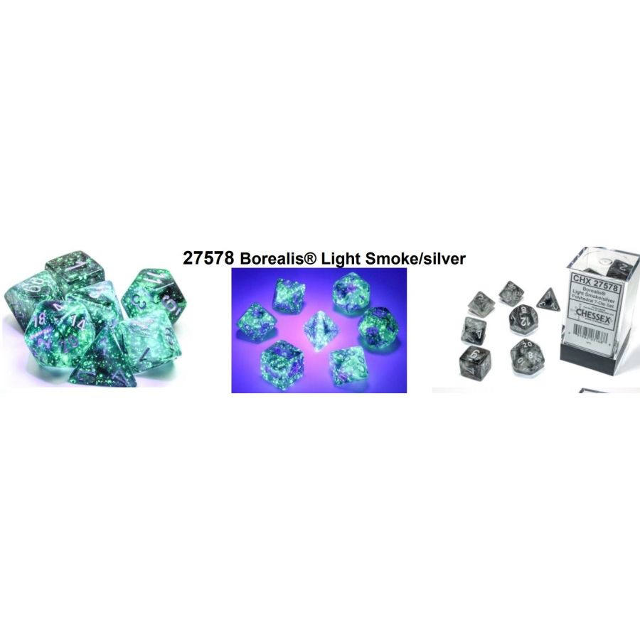 Dice Set of 7 - Chessex Borealis Light Smoke with Silver Numerals Luminary - Glows in the Dark 27578