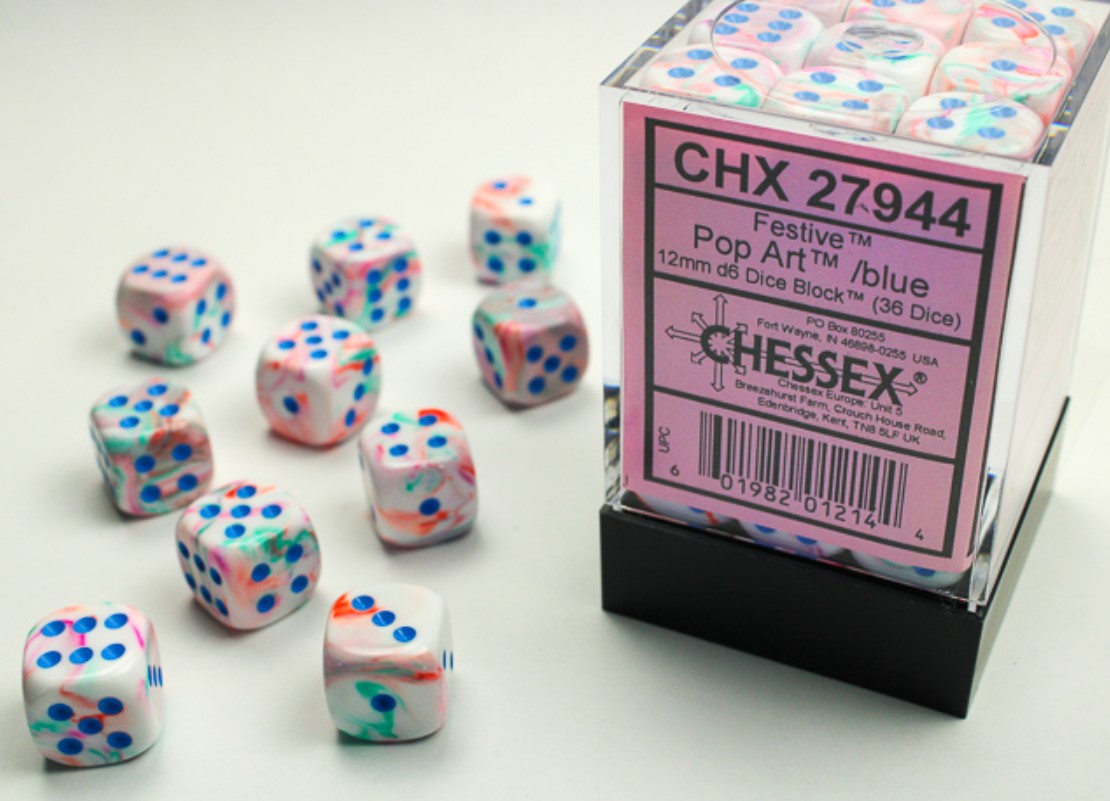 Chessex Dice: Festive Pop Art /blue 12mm D6 Dice Block (36)