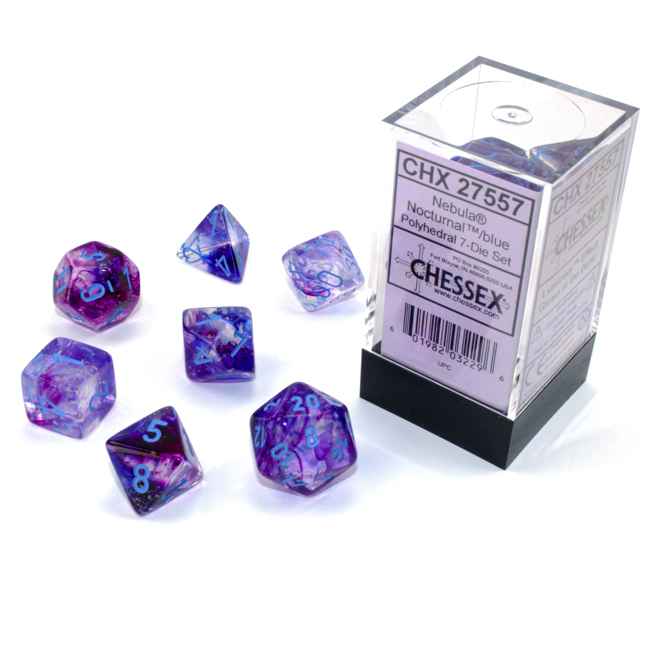 Dice Set of 7 - Chessex Nebula Nocturnal with Blue Numerals Luminary - Glows in the Dark! CHX 27557