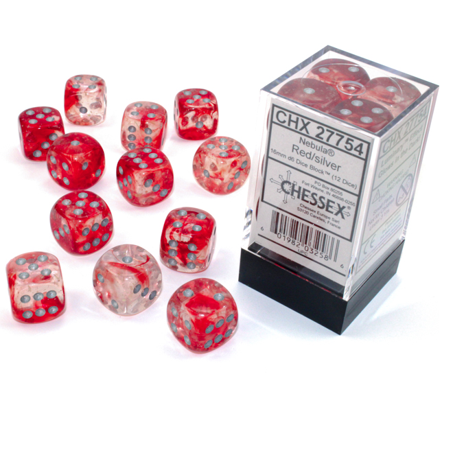 Block of 12 6-sided 16mm Dice - Chessex 27754 Nebula Red with Silver Pips Luminary - Glows!