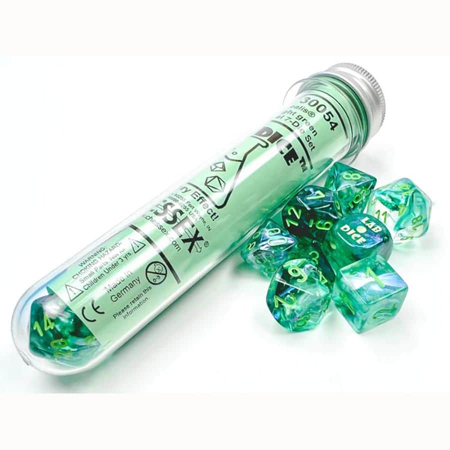 Chessex Dice: Borealis Kelp with Light Green Numerals Glow-In-The-Dark Polyhedral 7-Dice Set