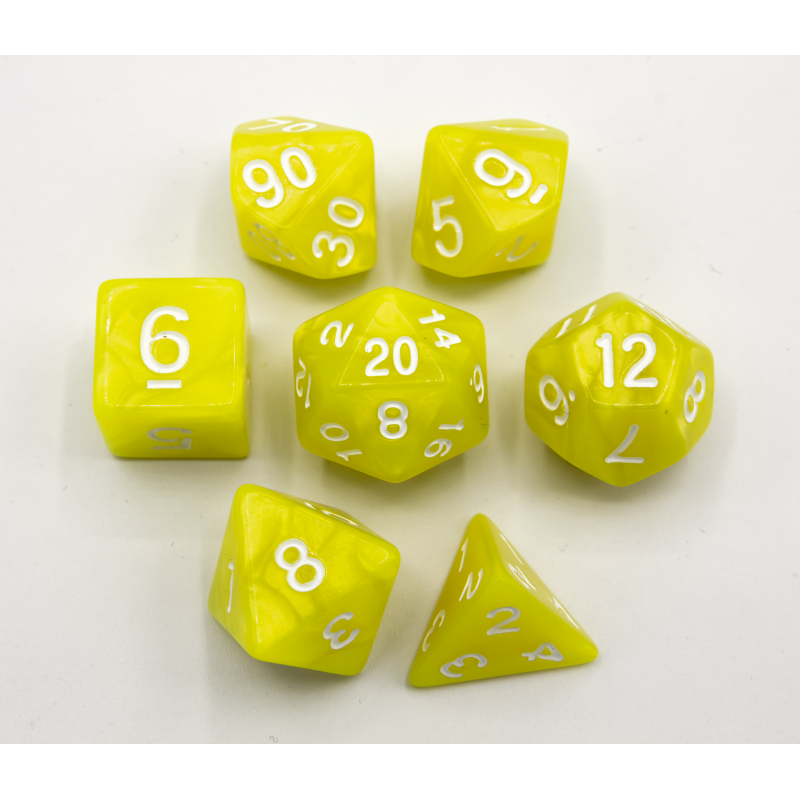 Dice Set of 7 - Marbled Yellow with White Numerals Luminary