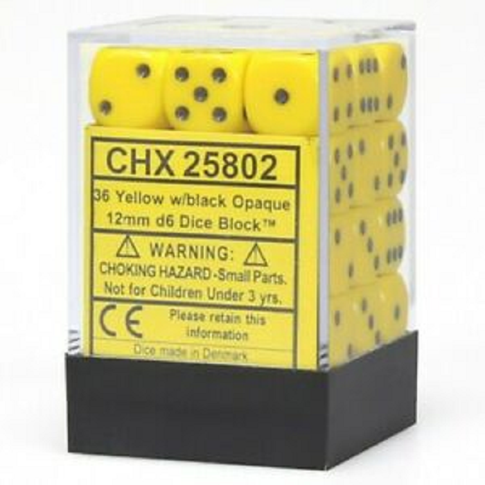 Block of 36 6-Sided 12mm Dice - Chessex Opaque Yellow with Black Numerals