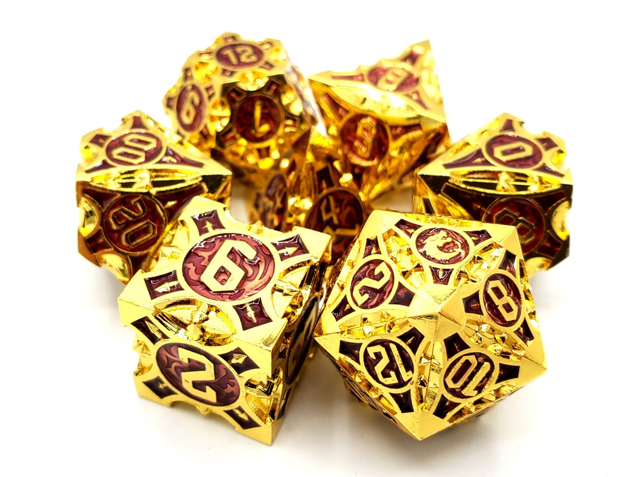 Old School 7 Piece Dnd RPG Metal Dice Set Gnome Forged - Gold W/ Purple