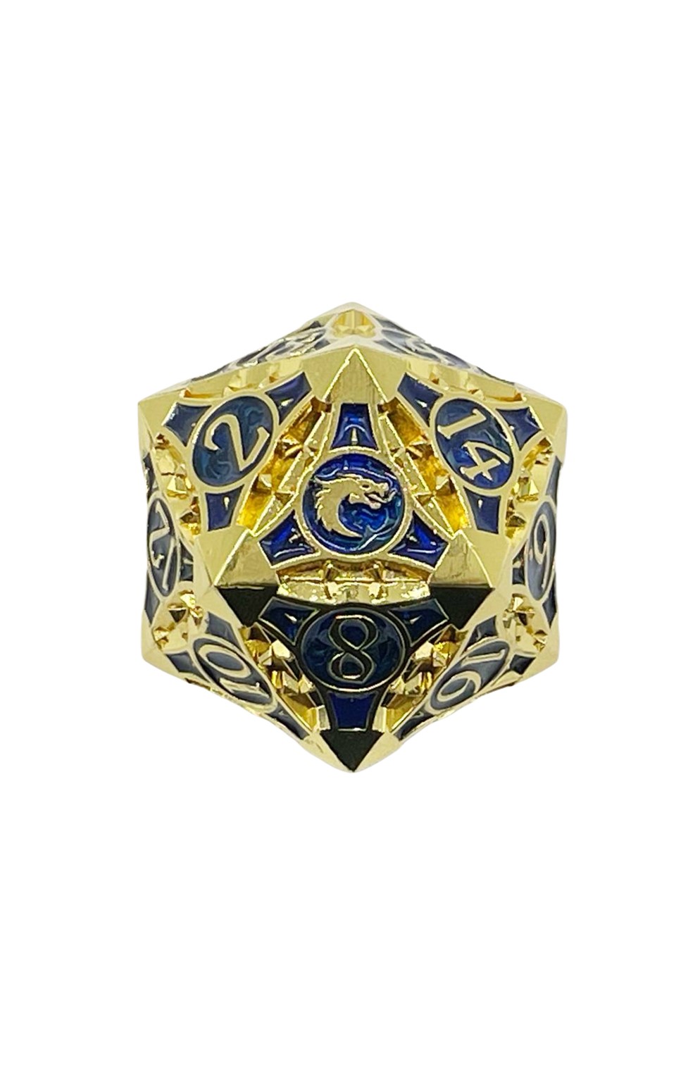 Old School 40mm D20 Metal Die: Gnome Forged - Gold w/ Blue - Old