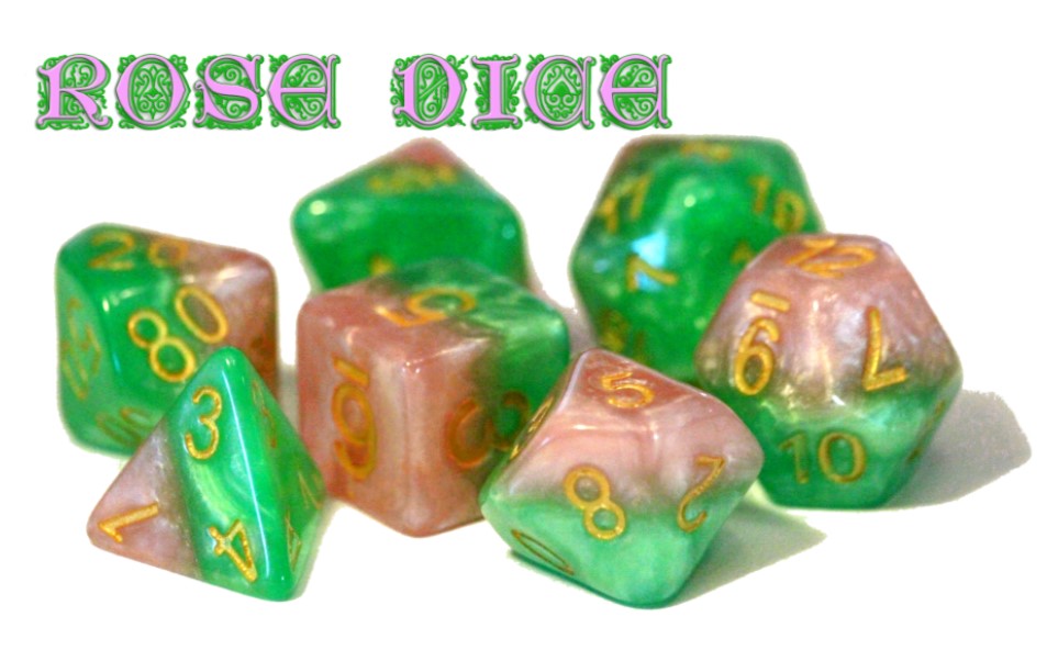 Halfsies Premium Polyhedral 7-Die Set - Rose Dice [Rose Petal Pink & Thorn Green w/Yellow-Gold]