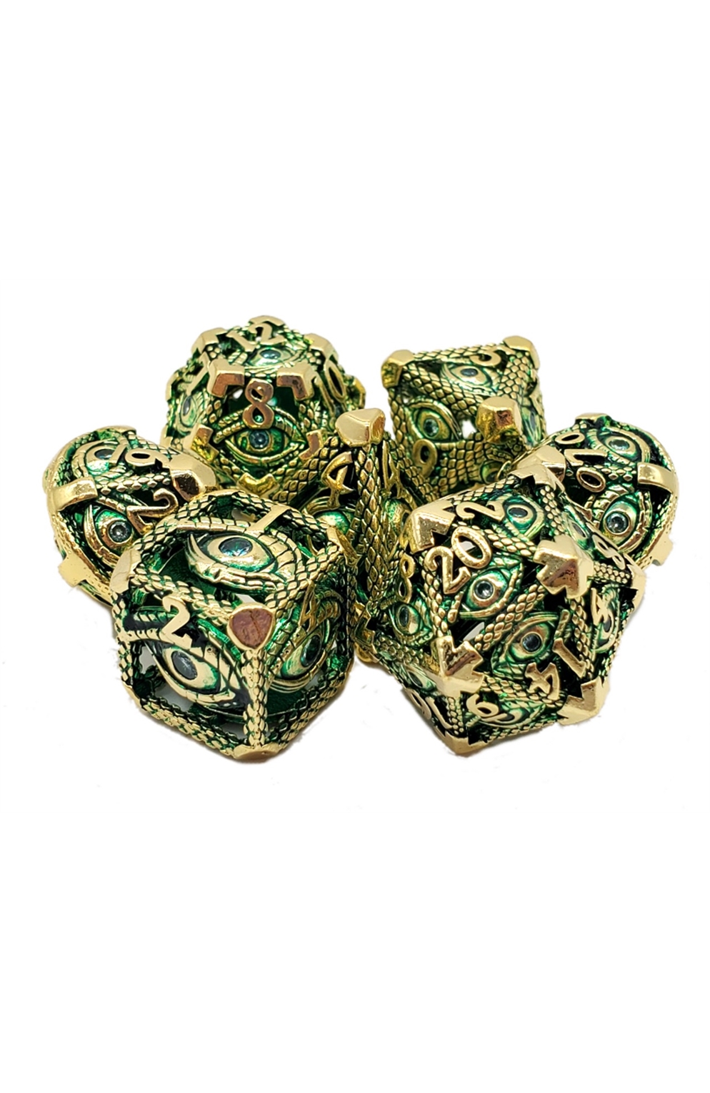Old School 7 Piece Dnd Rpg Metal Dice Set: Hollow All Seeing Eye Dice - Gold W/ Green