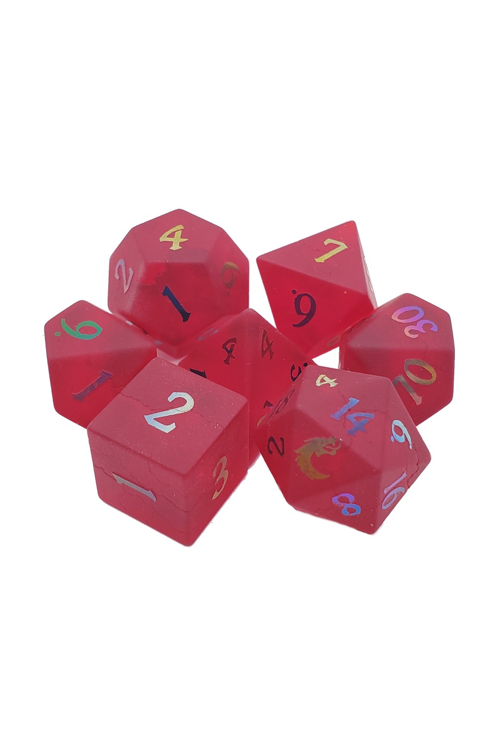 Old School 7 Piece Dnd Rpg Gemstone Set: Frosted Blast Glass - Red Ruby W/ Spectral