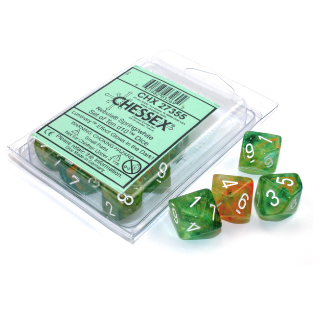Set of 10 10-Sided Dice - Chessex Nebula Spring With White Numerals Luminary - Glows In The Dark!