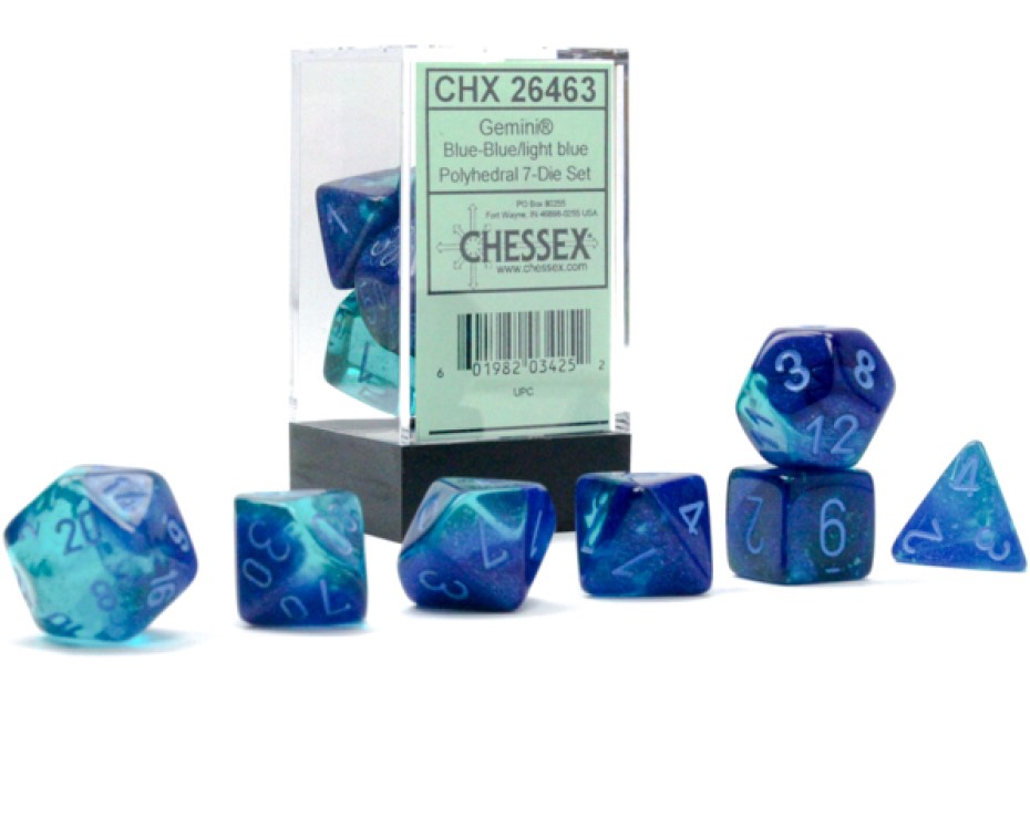 Dice Set of 7 - Chessex Gemini Blue with Light Blue Numerals Luminary - Glows in the Dark! CHX 26463