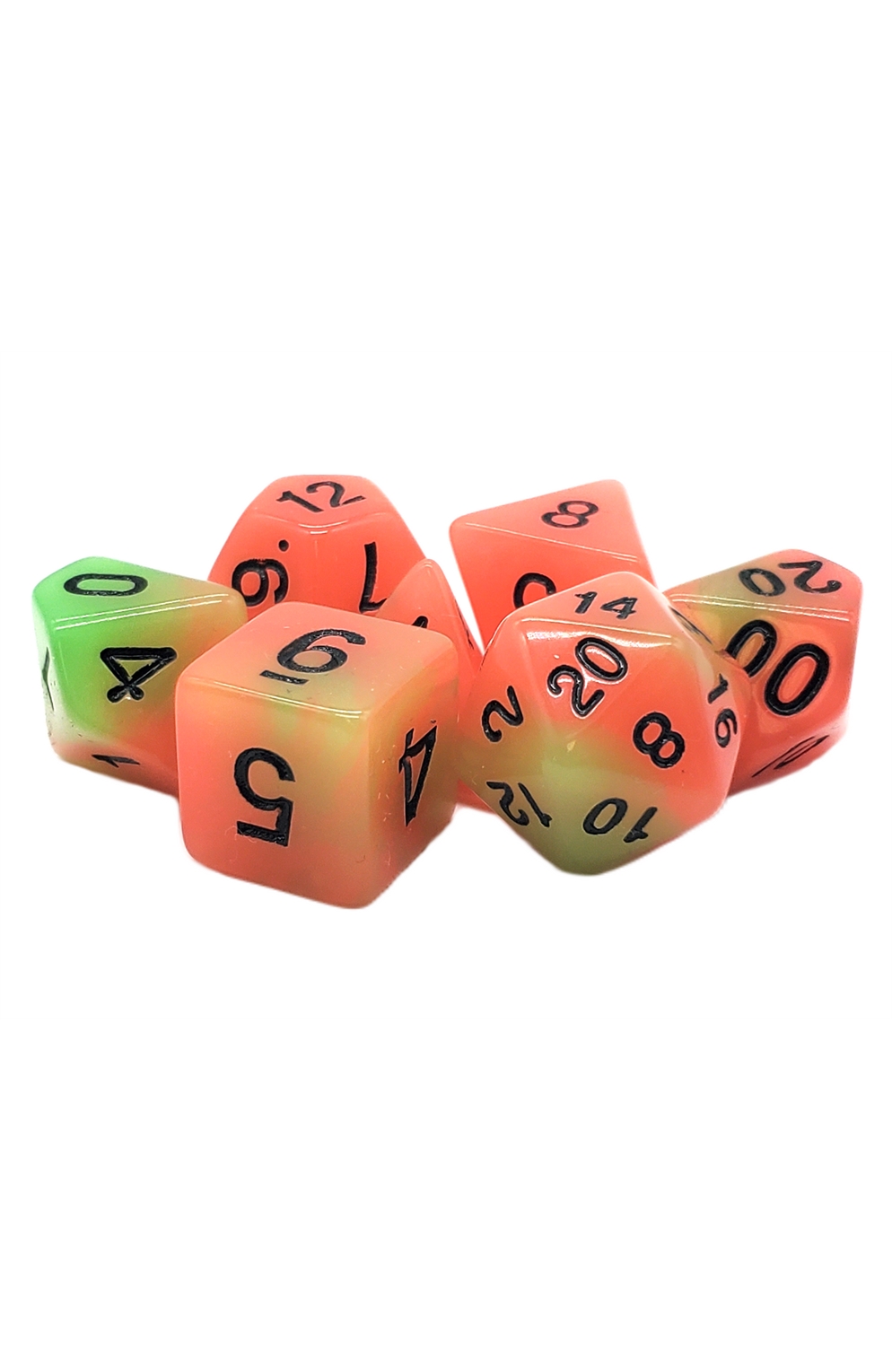 Old School 7 Piece Dnd Rpg Dice Set: Glow Dice - Green & Orange