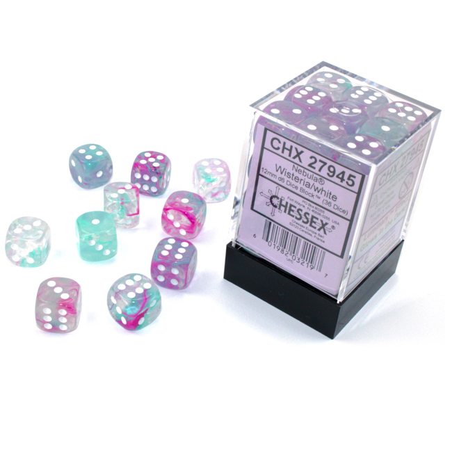 Block of 36 6-sided 12mm Dice - Chessex 27945 Nebula Wisteria with White Pips Luminary - Glows!