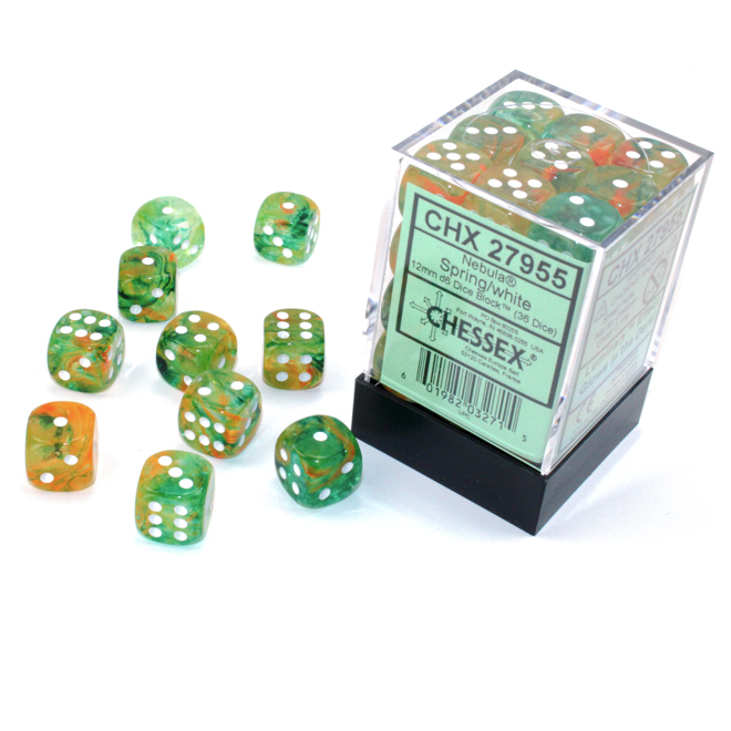 Block of 36 6-sided 12mm Dice - Chessex 27955 Nebula Spring with White Pips Luminary - Glows!