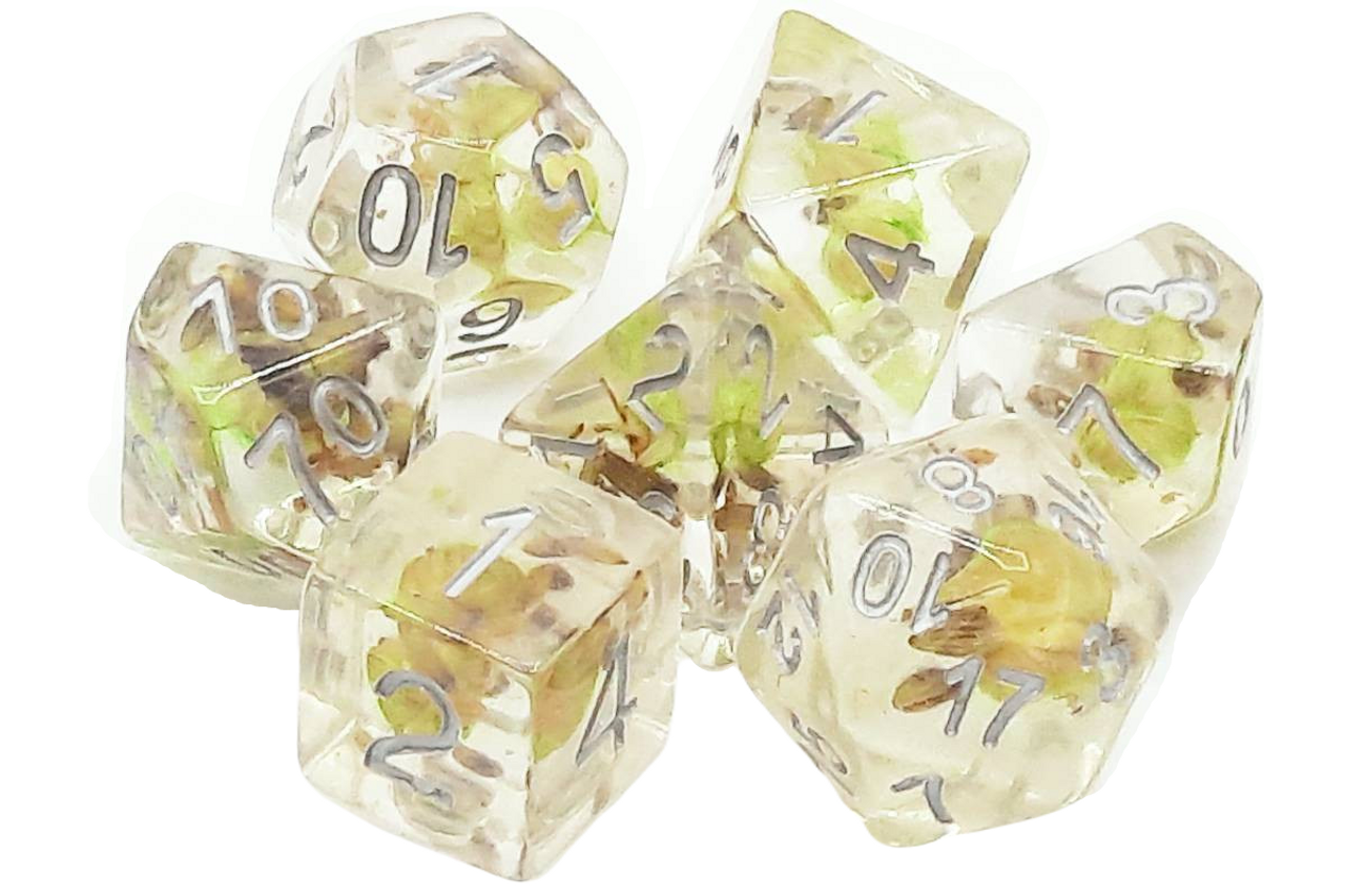 Old School 7 Piece Dnd RPG Dice Set Infused - Green Flower