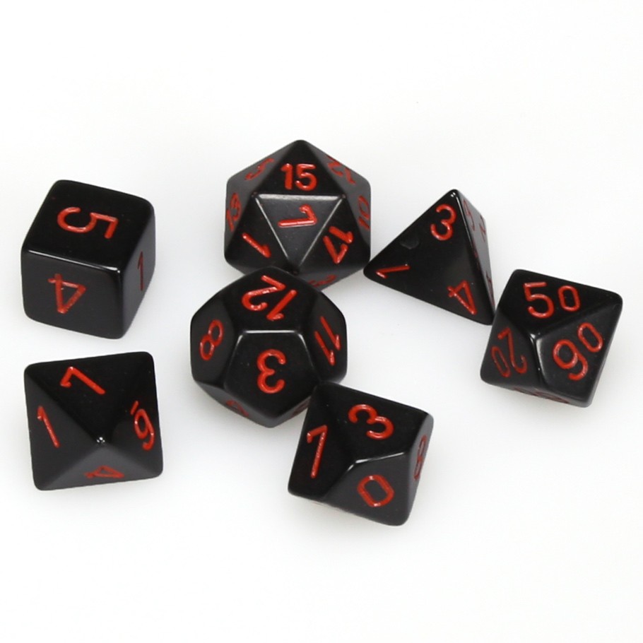 Dice Set of 7 - Chessex Opaque Black with Red Numerals CHX 275418