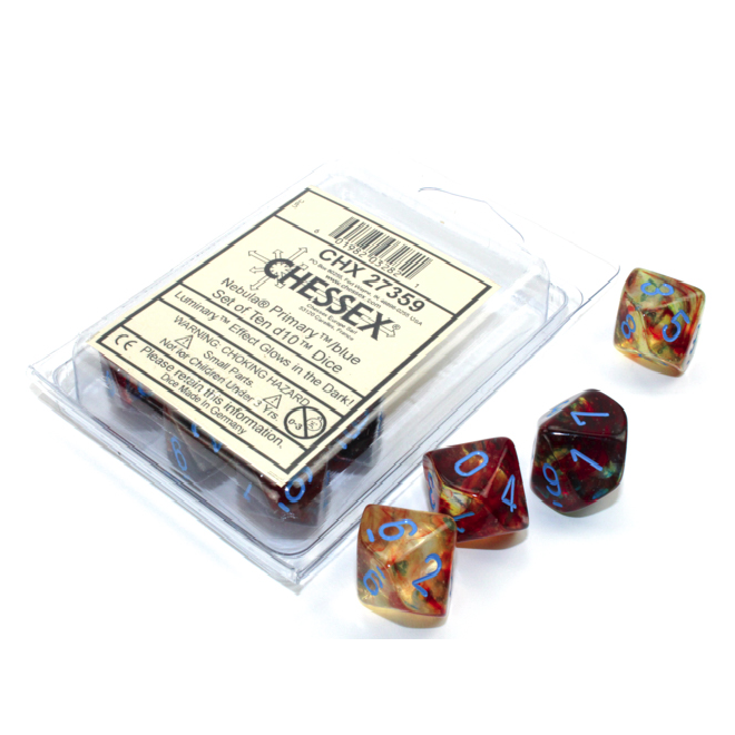 Set of 10 10-Sided Dice - Chessex Nebula Primary With Blue Numerals Luminary - Glows In The Dark!