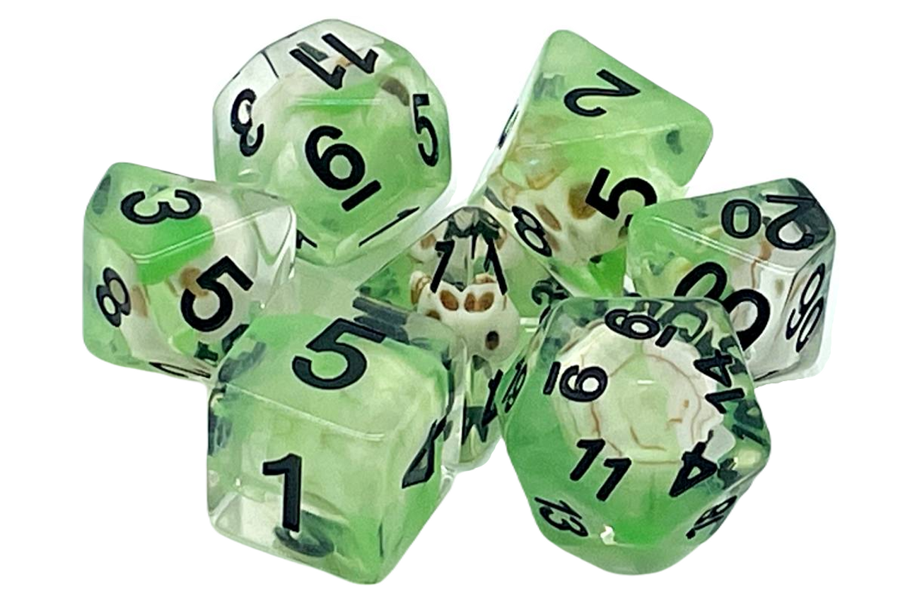 Old School 7 Piece Dnd Rpg Dice Set Infused - Skull Green