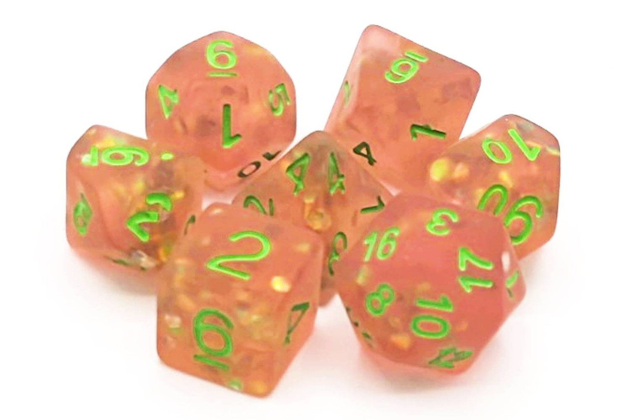 Old School 7 Piece Dnd RPG Dice Set Infused - Frosted Firefly - Pink W/ Green