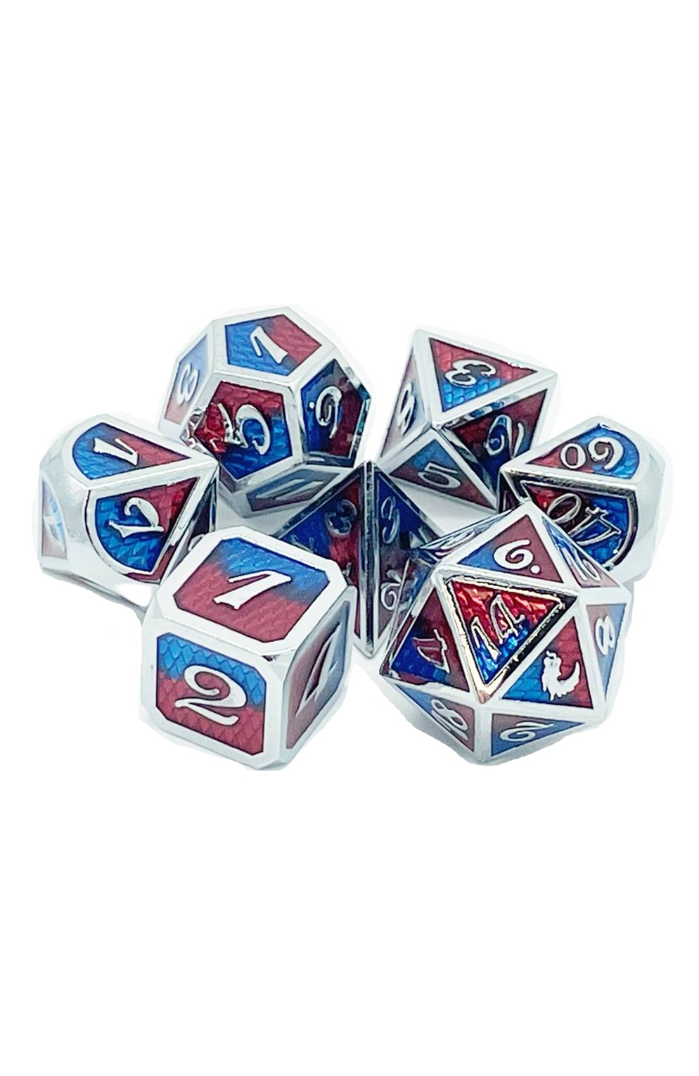 Old School 7 Piece Dnd Rpg Metal Dice Set: Dragon Scale - Red & Blue
