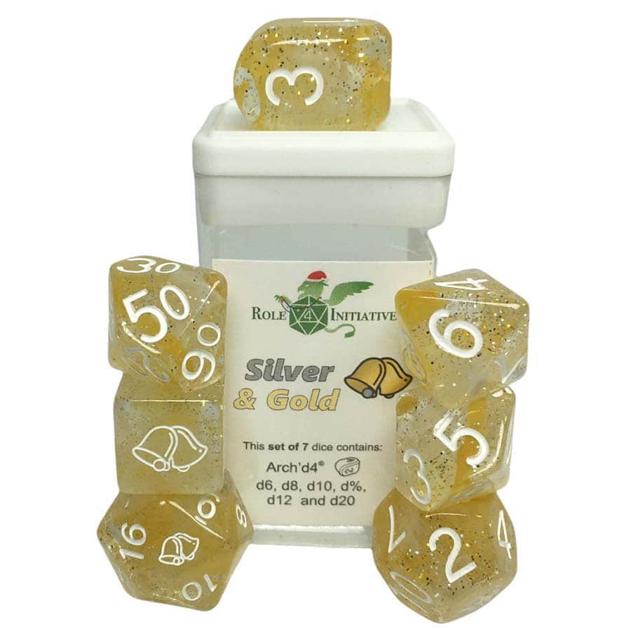 Happy Holi-Dice Diffusion Silver & Gold With White Numerals 7 Die Set
