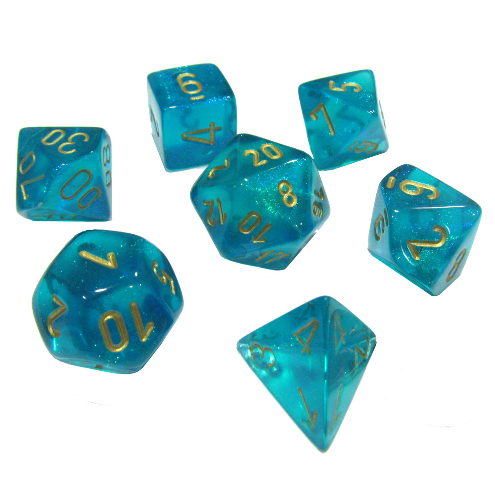 Dice Set of 7 - Chessex Borealis Teal with Gold Numerals Luminary - Glows in the Dark! CHX 27585