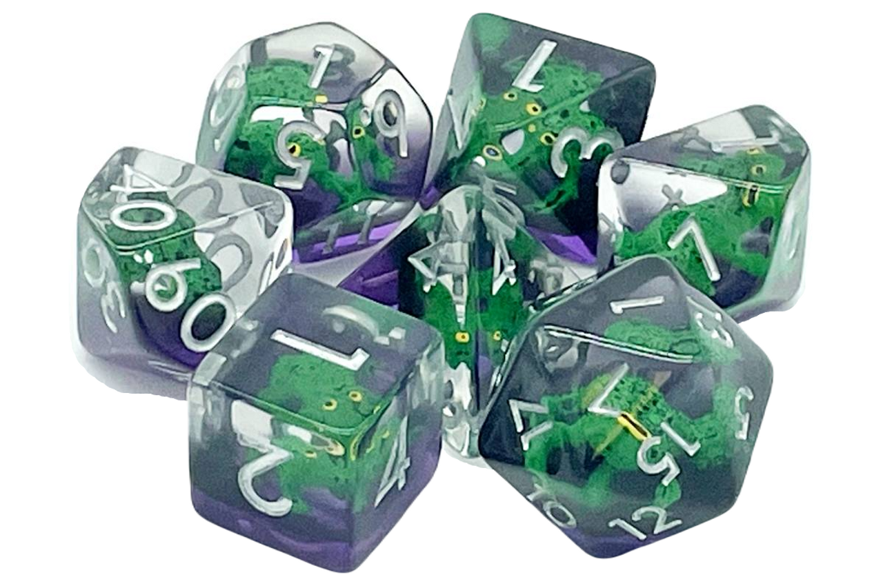 Old School 7 Piece Dnd Rpg Dice Set Animal Kingdom - Toad - Green W/ Purple