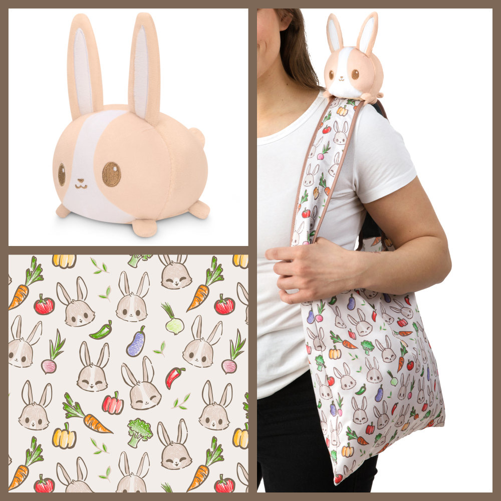 Plushie Tote Bag: Light Brown Bunnies & Veggies Tote Bag + Light Brown Bunny Plushie.