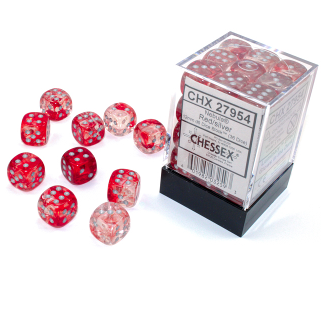 Chessex Dice: Nebula Red /silver 12mm d6 Luminary Dice Block - Glows! (36)