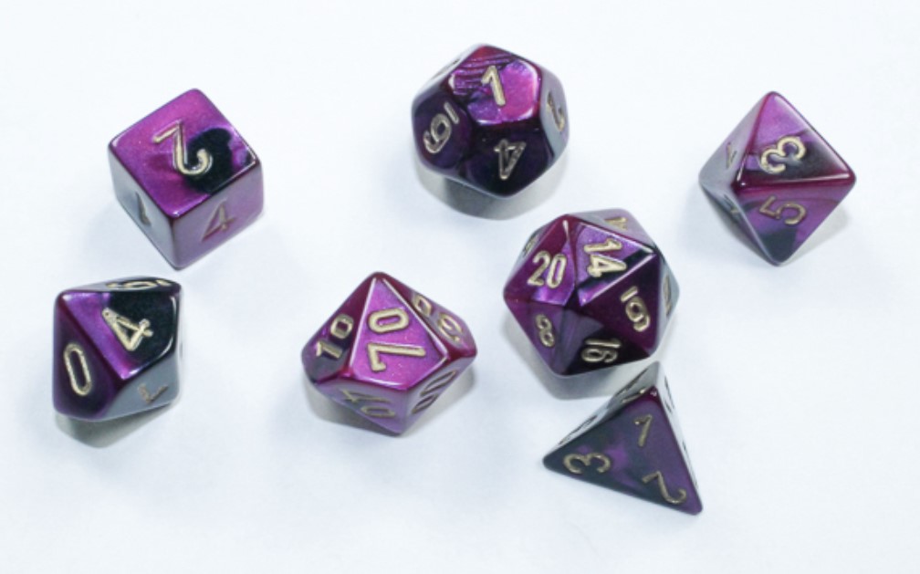 Chessex Dice: Gemini Black-Purple /gold Mini-Polyhedral 7-Die Set