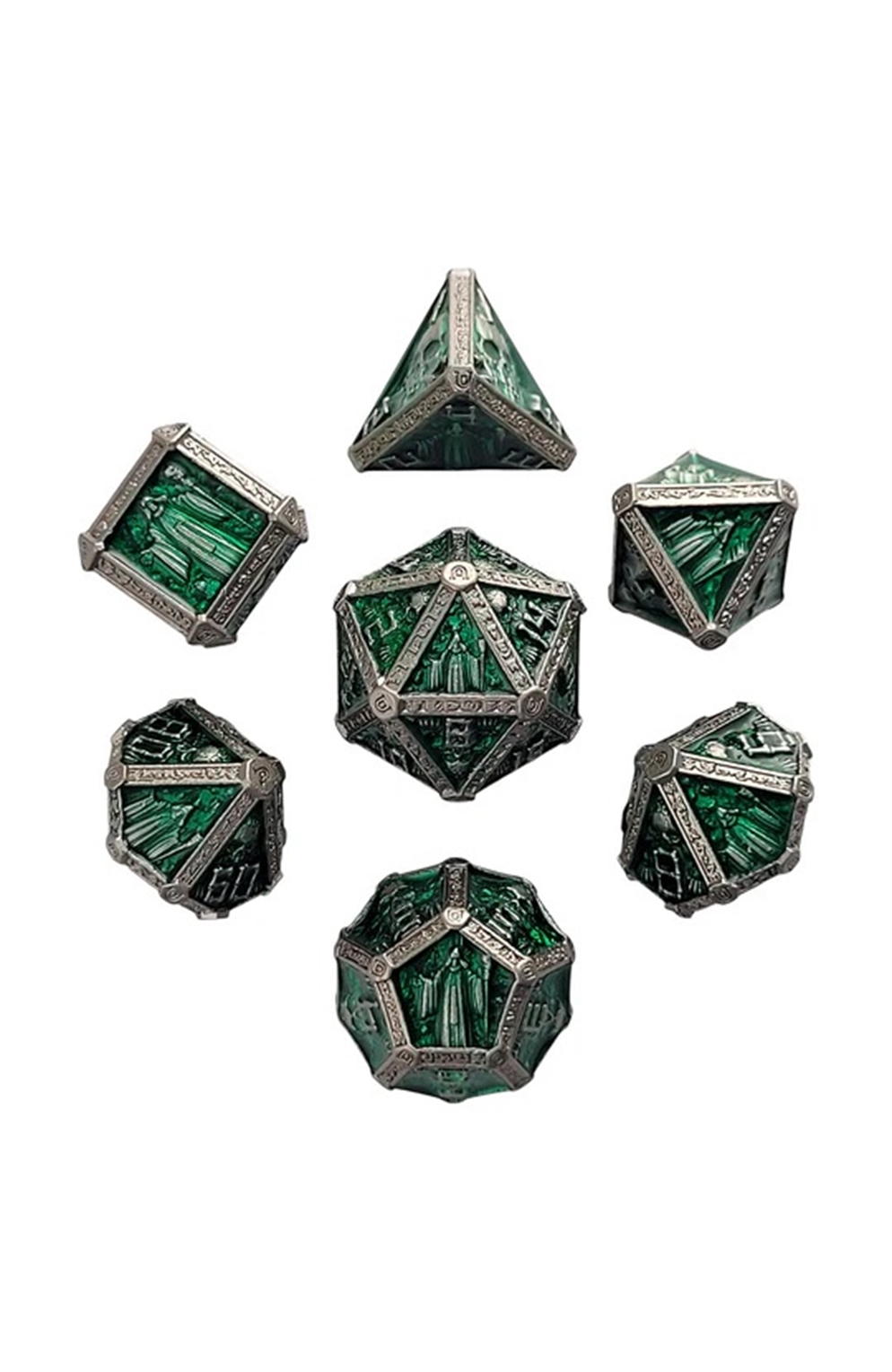 Cryptic Reliquary Silver Green Metal Rpg Dice Set