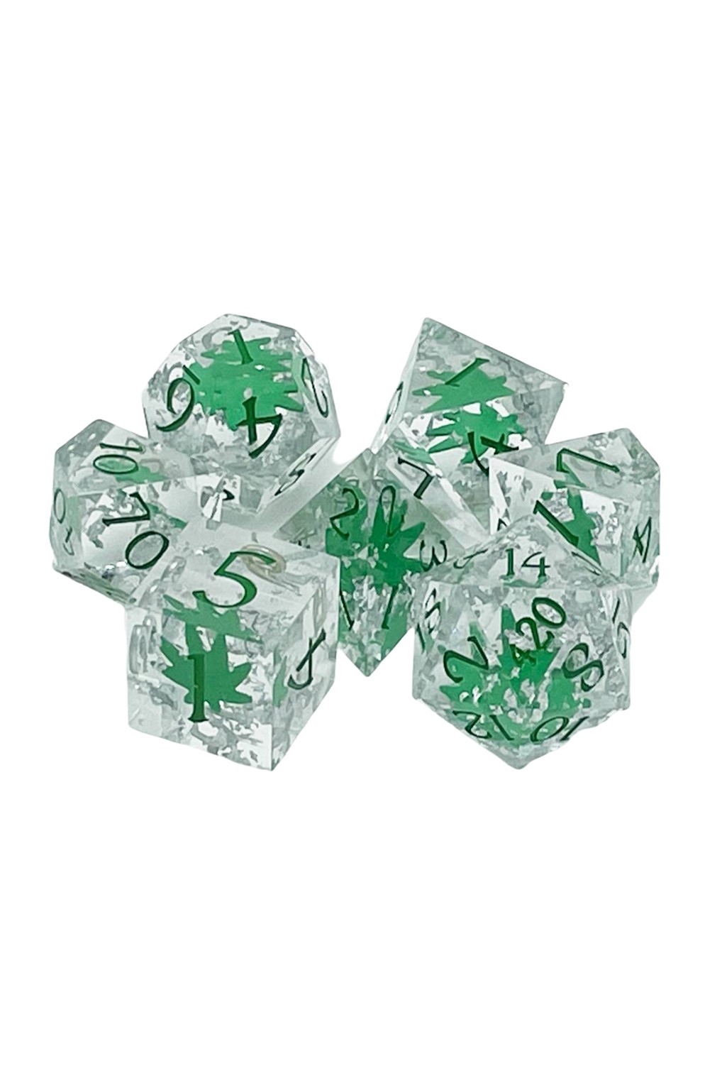 Old School 7 Piece Dnd Rpg Dice Set: Sharp Edged - It's 4:20 Time - Green W/ Silver