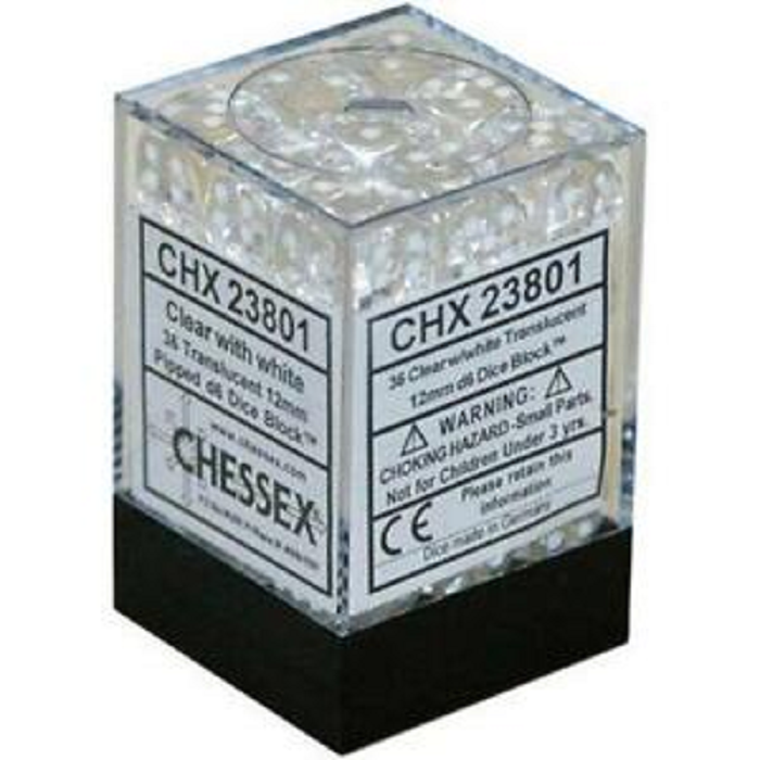 Block of 36 6-Sided 12mm Dice - Chessex Translucent Clear with White Numerals