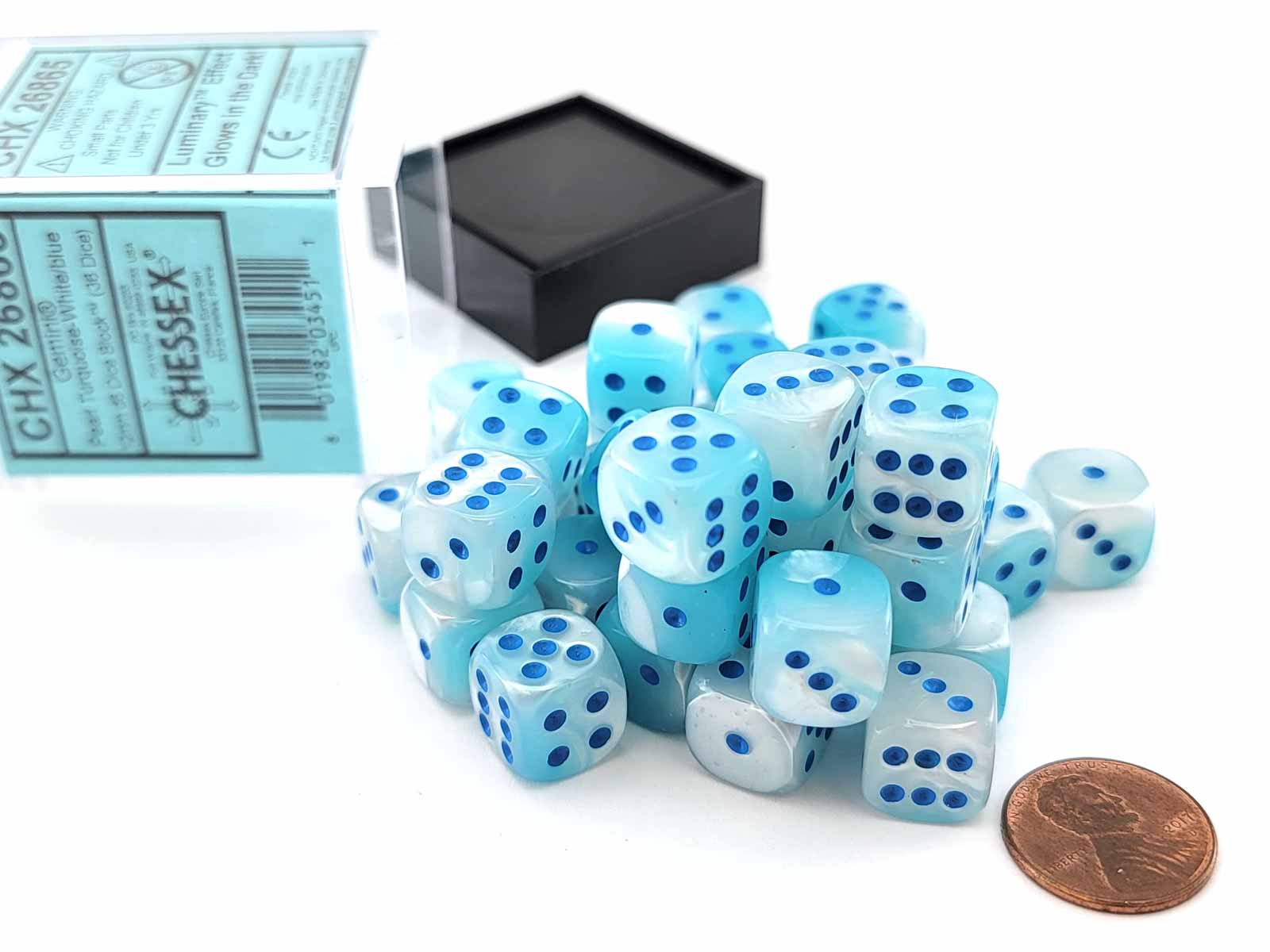 Block of 12 6-Sided 16mm Dice - Chessex Pearl Turquoise & White with Blue Numerals Luminary Glows!